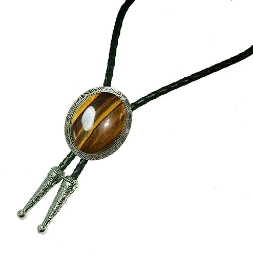 Image of Moranse Bolo Tie with Natural Tiger Eye Stone Celtic Style Genuine and Cowhide Rope