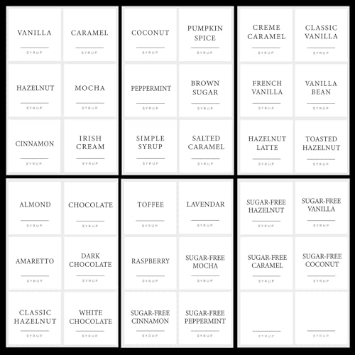 GSCWLD 36PCS Coffee Syrup Labels,Minimalist Preprinted Coffee Syrup Stickers for Coffee Station,Waterproof White Coffee Bar Labels for Syrup Bottle & Dispenser Organization(2.5'x2.5')