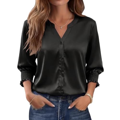LOMON Satin Button Down Shirts for Women 3/4 Length Sleeve Business Casual Blouses 2026 Summer Tops Black Large