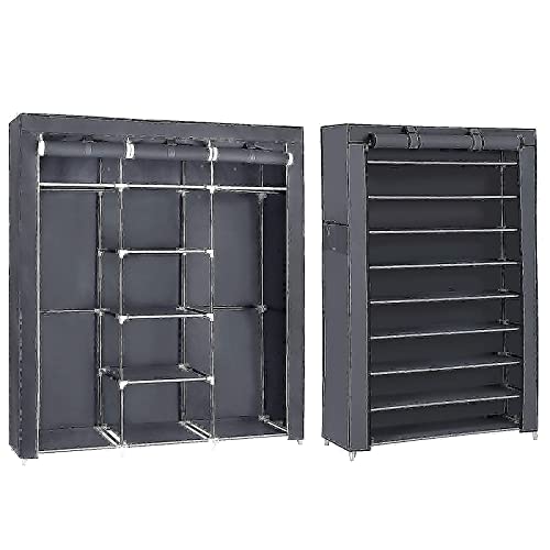 Songmics Portable Clothes Closet Bundle With 10-Tier Shoe Rack, Non-Woven Fabric Wardrobes With Dustproof Cover, Closet Storage Organizers, Gray, Uryg12Gy And Urxj36G #TOP12