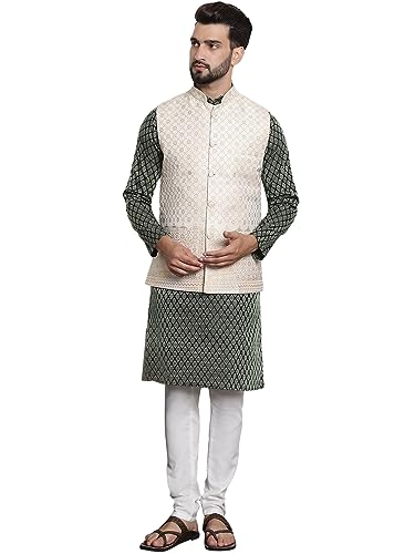 Image of SOJANYA (Since 1958 Men's Jacquard Silk Kurta and Pyjama with Nehru Jacket