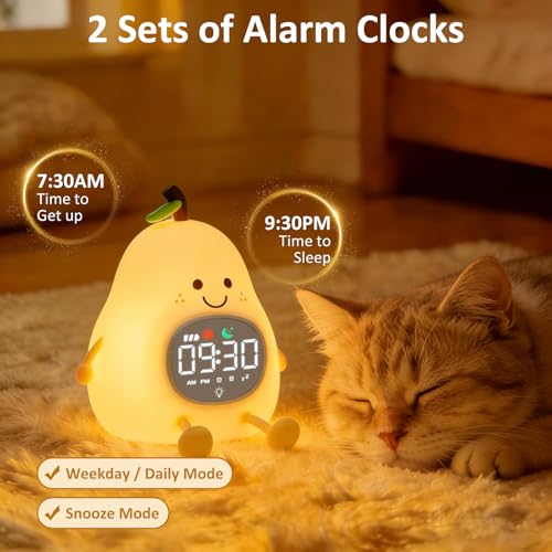Image of Pear Alarm Clock with Night Light for Kids with Sleep Training Light and White Noise, Rechargeable Silicone Lamp OK to Wake Clock,Cute Tabletop Clock, Perfect Sleep Companion for Boys Girls