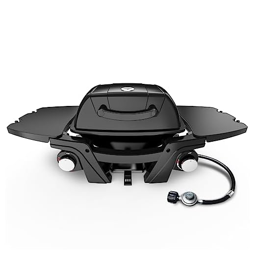 Propane Gas Grill with 2 Burner, Portable Outdoor Tabletop Camping Grill BBQ with Folding Sides, 24000 BTU, Gas Hose, Built in Thermometer, Black