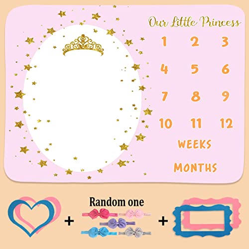 Image of Monthly Milestone Blanket for Baby Girl, 48 inchx40 inch Soft Flannel Pink Princess Memory Growth Blanket, Photography Backdrop Prop for Newborn Baby Shower, 1 to 12 Months Include Marks BTLSPH819