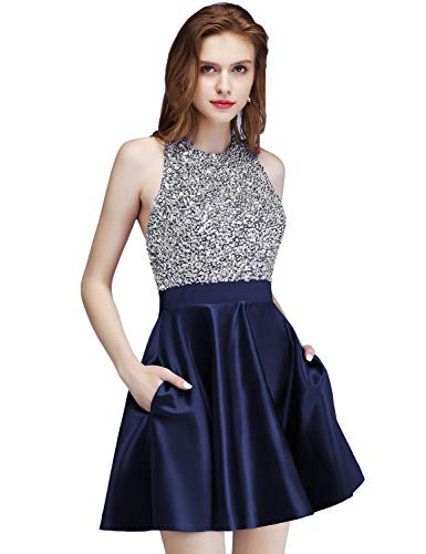 LCRS Juniors Short Prom Dresses with Pockets Satin Beaded Halter A-Line Formal Homecoming Dress 6 Navy Blue
