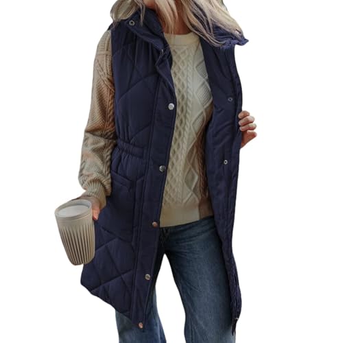 Women's Long Puffer Vest Lapel Zipper Sleeveless Puffer Coats Casual Comfy Winter Warm Solid Color Slim Fit Jackets4