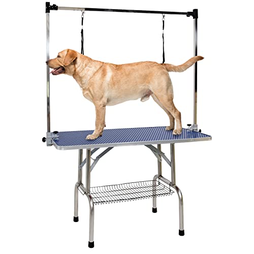 ROOMTEC 46" Dog Grooming Table,Foldable Home Pet Bathing Station with Adjustable Height Arm/Noose/Mesh Tray(Upgrade, Black)