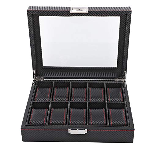 EVGATSAUTO 10 Slot Watch Box, Carbon Fiber Organizer Storage Collector, Stylish & Elegant Case with Pillows and Button Clasp, Showcase Your Watches Anywhere