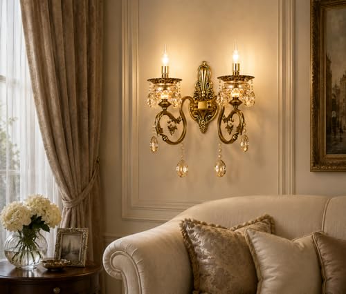 Image of Italian Wall Lamp, Antique Gold Finish, Double Light Wall Lamp with Decorative Crystals with Filament Bulb (Warm White) (Corded Electric, Glass)