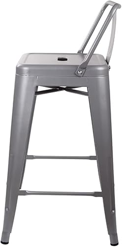 Vista 64 de GIA Taburete de metal con respaldo bajo de altura de mostrador de 24 pulgadas con asiento de cuero vegano, color plateado