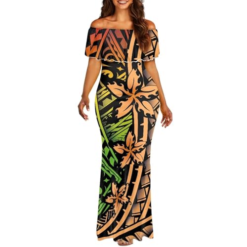 Guosanchn Polynesian - Vestido largo hawaiano con hombros descubiertos para mujer, tallas S-7XL, Hibisco polinesio, XXL