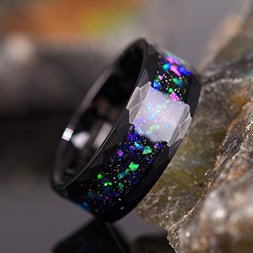 Three Keys Jewelry Mens Galaxy Rings 8Mm Unique Harmmered Tungsten Carbide For Man Ring Green Color Stones Wedding Band Gifts Bands Rings For Men Black Size 6.5 #TOP2