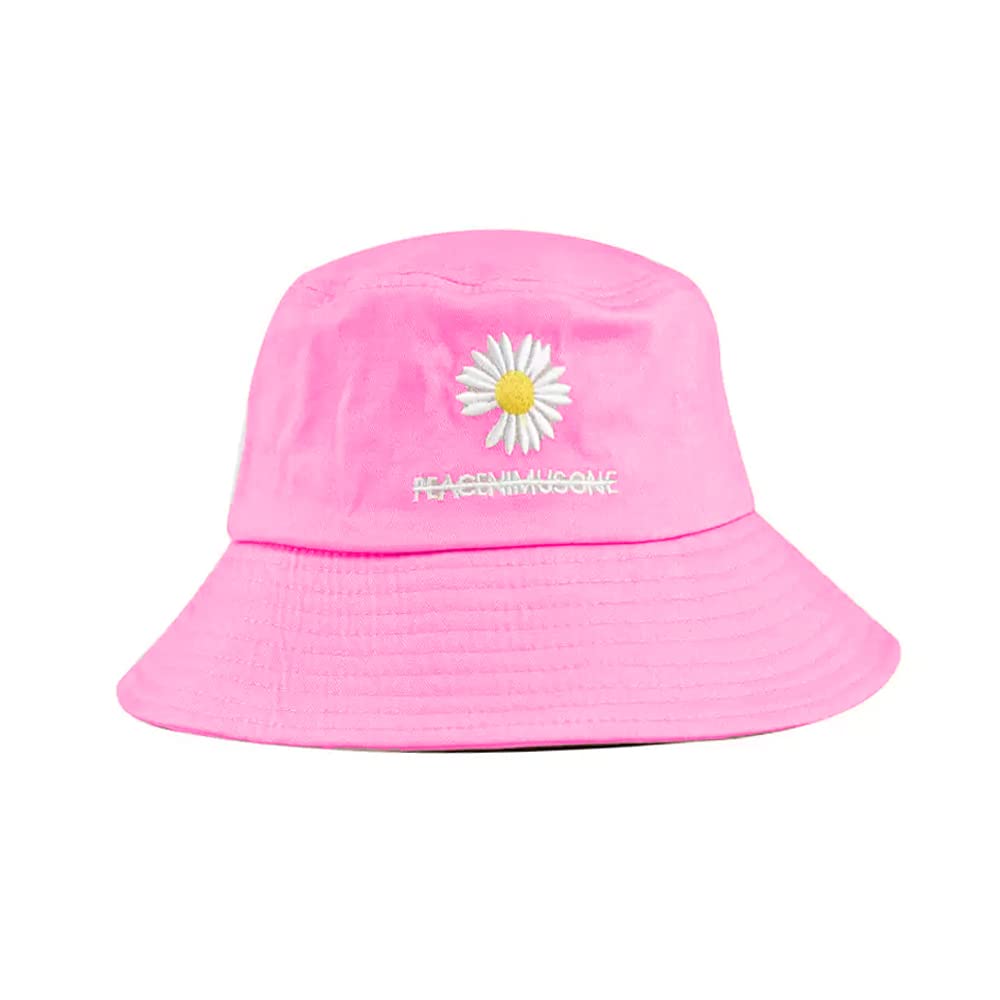 Zeki Girl's & Boy's Embroidered Flower and PEACEMINUSONE Summer Bucket Hat Cotton Beach Sun Hat Outdoor Fisherman Trendy Cute Cap -(Pink)