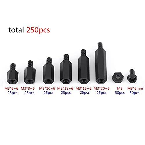 250 pieces M3 Nylon Male Female Hex Utility Spacer Standoff Screw Nut Assortment Mounting Hardware Kit, Prototyping Accessories For Circuit Board (A)