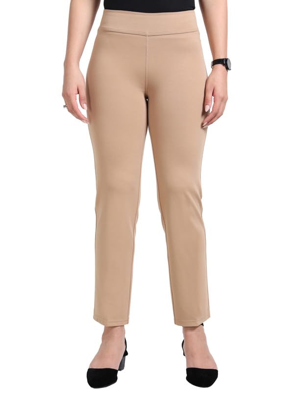 Image of Women Formal Pants Straight Leg Tummy Tucker for Ladies with 2 Back Pockets - 4 Inch Waist Elastic Compression