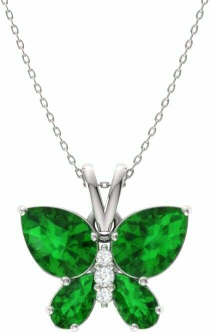 Pear & Round Cut Green Emerald & Diamond 925 Sterling Silver 14K White Gold Finish Diamond Butterfly Cluster Pendant Necklace for Women's & Girl's