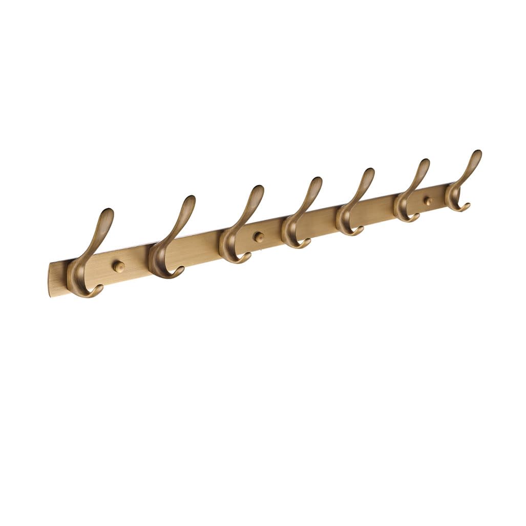 QPKZ Solid Brass Vintage Coat Rack Wall Mount, Heavy Duty Brushed Surface Metal Wall Hooks Hanging Coat Hooks Rail Clothes Towel Racks for Bathroom Entryway Bedroom 7hook