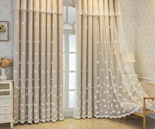 ANAZOZ Cortina Habitacion Ganchos,2 x 86W x 183H CM,Cortinas Baratas 2 Paneles Opacas Doble Capa con Patrón de Bordado de Mariposa Cortina de Dormitorio Beige