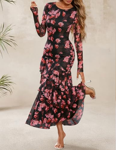 ZESICA Women's Long Sleeve Floral Bodycon Dresses 2025 Fall Fashion Mesh Ruffle Mermaid Wedding Guest Party Maxi Dress3