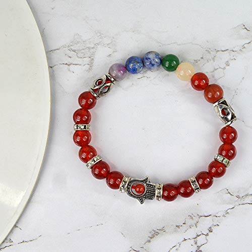 Image of Reiki Crystal Products Certified Natural Crystal Stone 7 Chakra with Hamsa 8 mm Round Beads Bracelet for Men & Women | Reiki Charged Gemstone Bracelet | Multiple Stone Variants Available