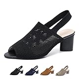 Women's Knit Peep Toe Chunky Block Heeled Sandals with Ankle Strap Fashion Hollow Pointed Toe Elastic Slingback Slip On High Heels Summer Casual Work Office Wedding Dressy Pumps (Black,10)