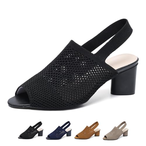 Women's Knit Peep Toe Chunky Block Heeled Sandals with Ankle Strap Fashion Hollow Pointed Toe Elastic Slingback Slip On High Heels Summer Casual Work Office Wedding Dressy Pumps