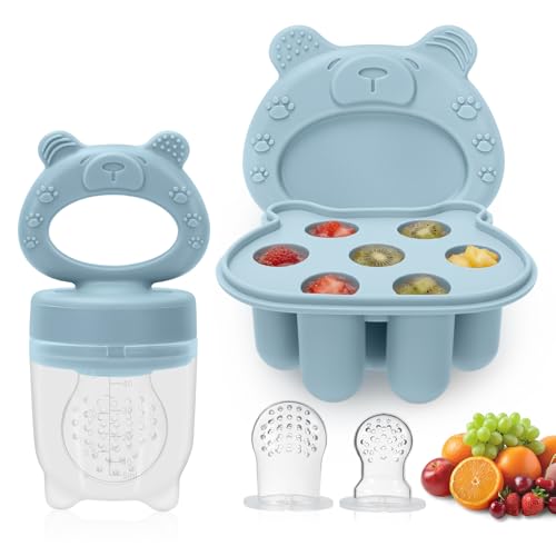 MR.TIMELAG Fruchtsauger Baby | Beißring für Obst Gemüse Brei Beikost BPA-frei Babybrei Einfrieren Behälter für Babynahrung Muttermilch Zahnungshilfe mit 3 Sauger (G/M/K) Blau