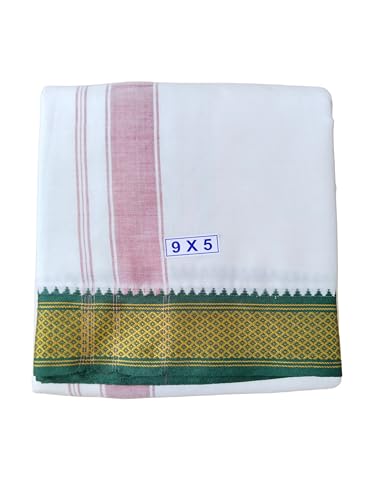 Image of Traditional Mens Poly Cotton Padayappa 9x5 Dhoti with Angavashtram, Cream Off White Colour Green and Maroon Border, 9+5 Panchakacham
