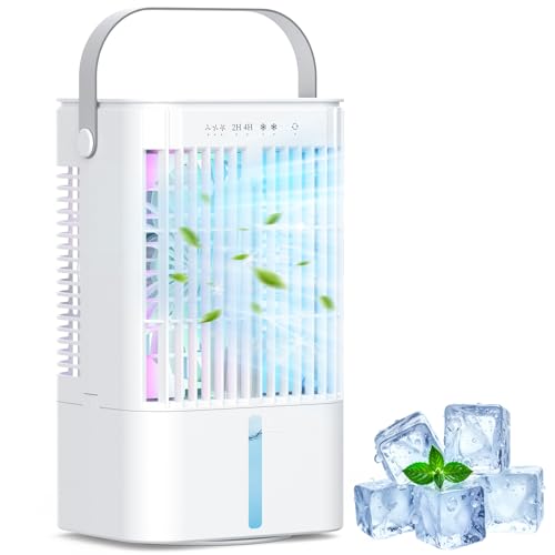 Mowend Aire acondicionado, enfriador de aire portátil con depósito de agua de 1200 ml, 3 velocidades, modo niebla fría, luz nocturna de 7 colores y funcionamiento silencioso, ideal para el hogar, la