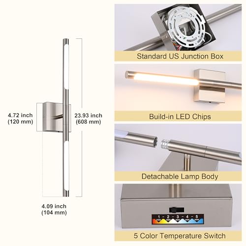 Image of TODOLUZ 24-Inch 5CCT LED Bathroom Light Fixture, 12W Brushed Nickel Rotatable Tube Vanity Lighting for Over Mirror Paintings Power Room, 2700K-5500K