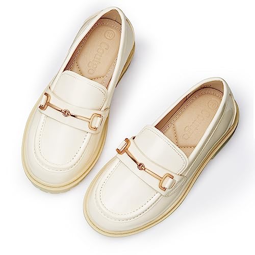 Coutgo Girl's Platform Loafers Slip On Chain Chunky Heel Leather Flats Round Toe School Uniform Dress Shoes Beige by Coutgo - Used condition - US$28.89