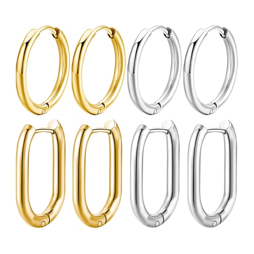 Mochity 4 Paires Boucles d'oreilles Creoles Pour Femmes, 16/18/20/21mm Creole Créoles Ovales Or Argent, Boucles d'Oreilles Ovales En Acier Inoxydable, Bijoux Femme (Or+...