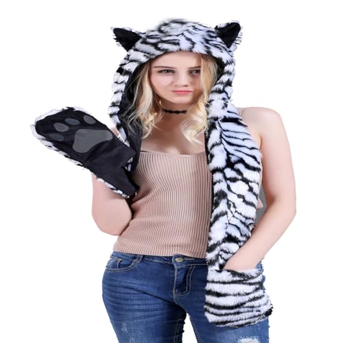 Animal Hood Hoods Furry Hoodie 3 in 1 Function Faux Fur Full Hood Hat Winter Warmer Cap Mittens Gloves Scarf Paws Ear