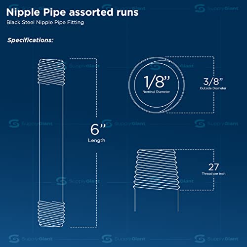 SUPPLYGIANT 1/8 Inch Black Pipe Nipple, Eight Inch Malleable Steel Pipes Nipples Fitting Build DIY Vintage Furniture, 1/8" x 6" (Pack Of 10) by SUPPLYGIANT - Image 2
