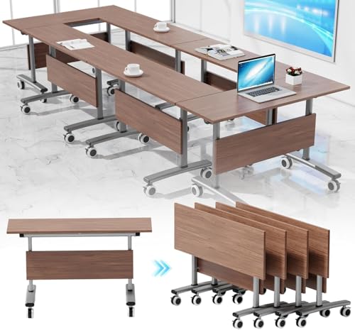 Folding Conference Table with Silent Locking Wheels,Flip-Top Mobile Training Table for Business Office Meeting Seminar,Modular Classroom Table for High School & - Space-Saving,Walnut with Panel,55in,