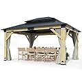 GARTOO 13’x15’ Patio Wooden Gazebo, Galvanized Steel Roof Gazebo with Olive Green Curtains and Netting, Double Vented Roof Hardtop Gazebo for Garden, Porch, Lawn, Poolside, Backyard