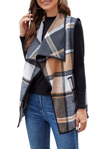 Image of YACUN Women Plaid Vest Lapel Open Front Sleeveless Cardigan