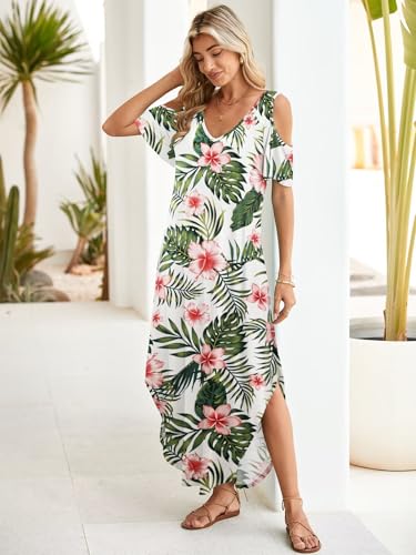 Image of BELAROI Womens Cold Shoulder Maxi Dress Plus Size V Neck Summer Sundresses with Pockets Beach Coverup Vacation Outfits
