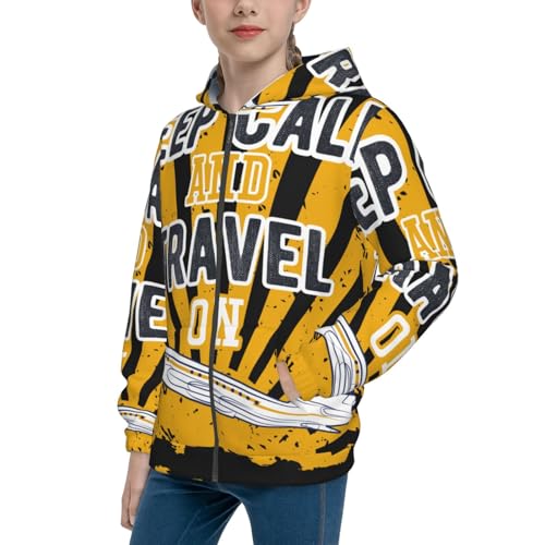 Keep Calm and Travel On Kids Pullover Hoodies Boys Zip Up Sweatshirts Girls Athletic Clothes with Pocket