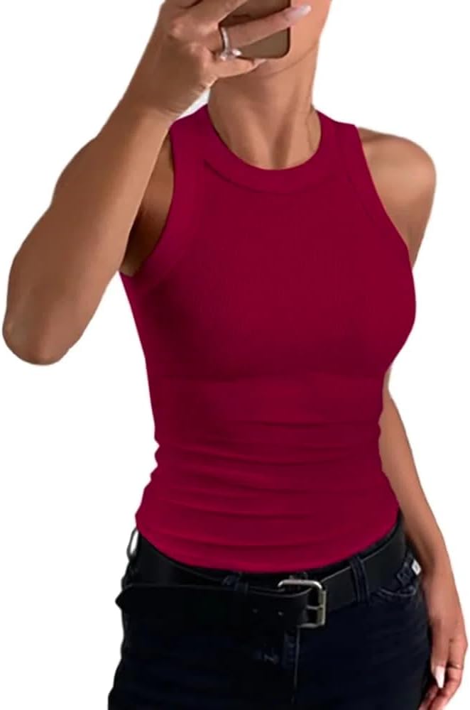 CHICME Womens Summer Sleeveless Tank Top Casual Ribbed Racerback Basic Fitted Thick Strap Shirts Tops