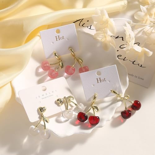 Cherry Earrings For Women, Red Funny Drop Dangle Hoop 18k Gold Plated Fruit Charm Leaf Cute Aesthetic Gift Jewelry4
