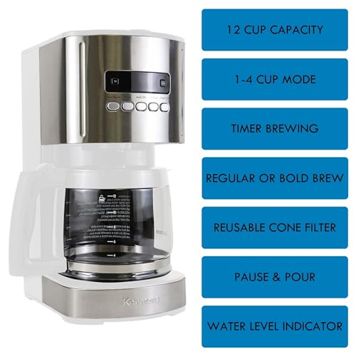 Image of Kenmore Drip Coffee Maker - 12 Cup Programmable Cafe Machine With Glass Pot, Regular & Bold Brew, Auto Shut Off Large Water Reservoir, Reusable Filter, Kitchen Appliances For Cafeteria Barista, White