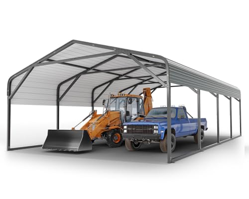 Image of 20x20 FT Heavy Duty Metal Carport, 2-Car Garage with Structural Reinforcement, Galvanized Steel Roof, Ground Anchors, 120lbs /Sq.Ft Snow /Wind Resistant Carports, Fits Pickups, Trucks, RVs, Boats