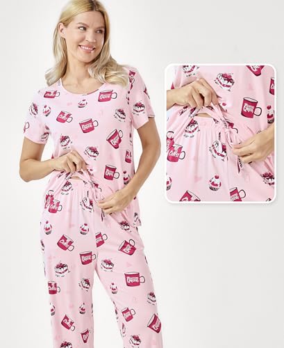 Image of GYS Bamboo-derived Viscose Women's Pajamas Set Short Sleeve Top With Pants 2-Piece Sleep Set