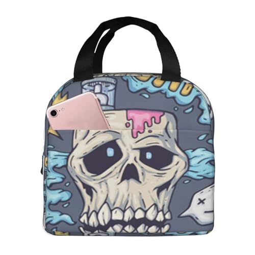 断熱ランチバッグ 大容量 防水 熱漏れ防止 スタイリッシュで丈夫 仕事、学校、アウトドア活動に便利 男女兼用 (タバコの漫画の頭蓋骨が蒸気を吐き出す Vape 業界の液体用)