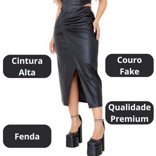 Saia Midi Couro Transpassada Feminina Fenda Ziper Courino (BR, Alfa, G, Regular, Regular, Padrão, Pr