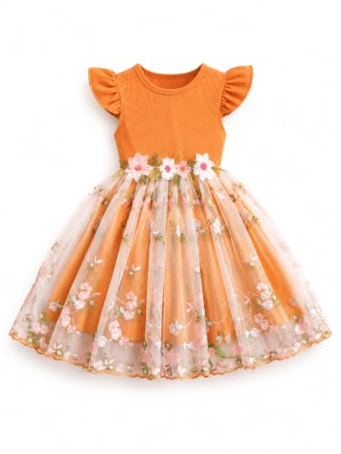 Image of TAGAS Girls' Dress|Elegant Beige Baby Girl Dress with Lace Ruffles & Floral Embroidery - Long Sleeve Princess Birthday Party Dress | Comfortable & Stylish Kids Wear| PartFrock for Kids |
