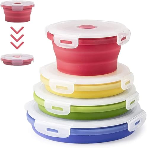 Virklyee 4 PCS Recipientes de Silicona Plegable Redondo Fiambrera de Silicona Plegable de Silicona Recipientes para Alimentos Contenedores de Almacenaje de Silicona (Redondo o2)