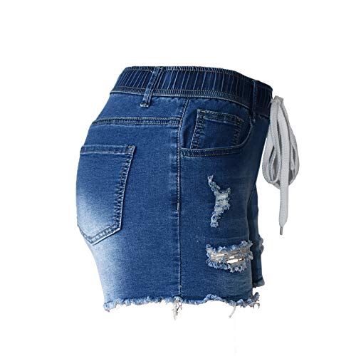 Atditama AMJS0140BE-2XL Women'S Elastic Drawstring Waist Skinny Stretch Slim Mid-Waist 3 Inch Inseam Ripped Distressed Ultra Short Jeans Blue Us 16 thumb #1