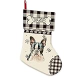 GABSHAIM Boston Terrier Snowflake Christmas Stockings Black White Buffalo Check Plaid Dog Xmas Stockings Custom Hanging Stocking for Family Christmas Party Decor 14 Inch Linen